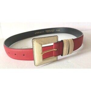 Womens Jaeger Leather Belt Small 30" Red Beige Colorblock Vintage 90s Old Money